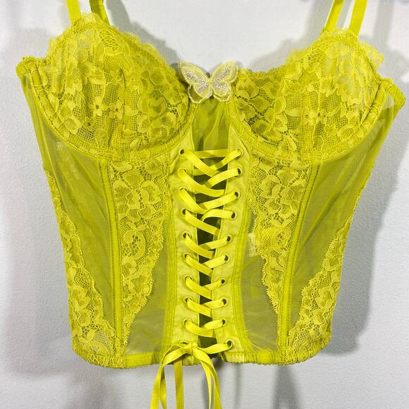 Betsey Johnson X Forever 21 Neon Green Butterflies Lace Corset Cami Top Size M - Picture 2 of 7